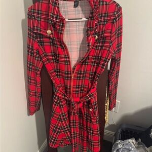 SHEIN Red Plaid Dress with Gold Accents